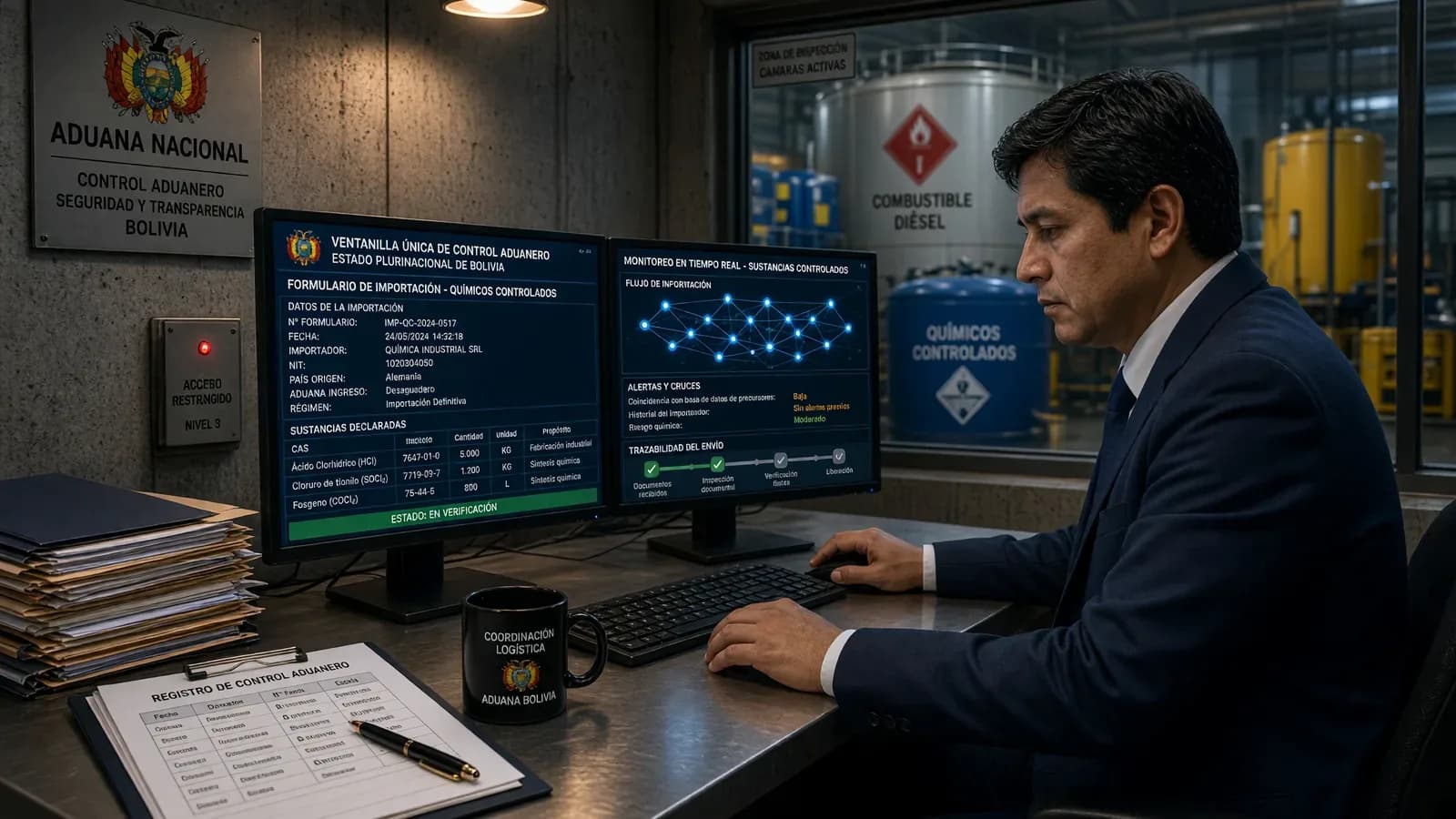 Funcionario de aduanas gestiona la digitalización de importaciones de combustibles en Bolivia.
