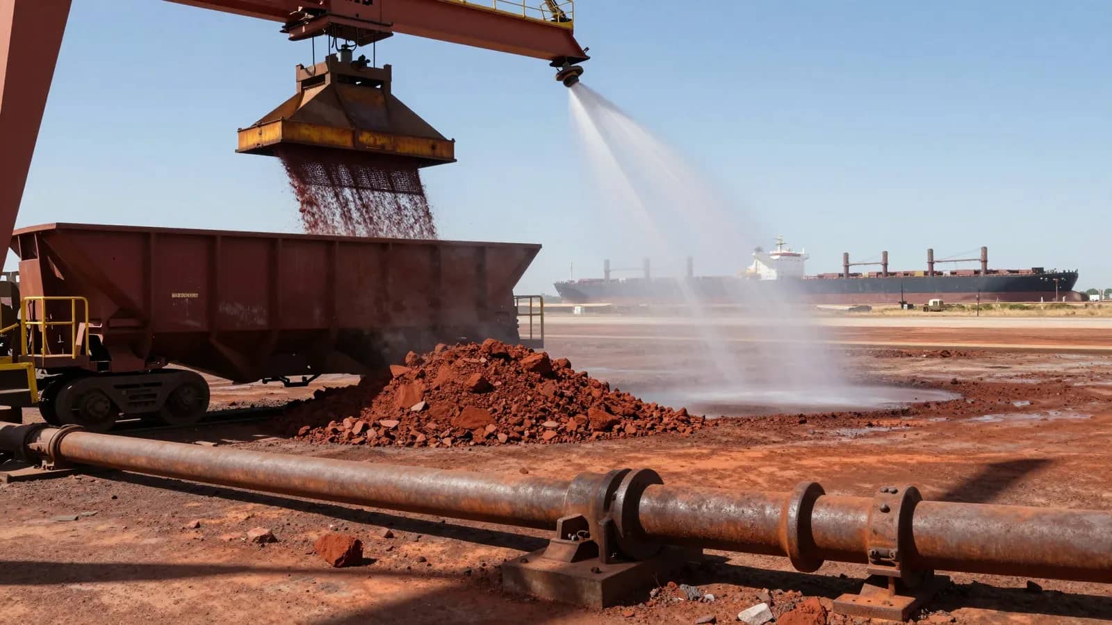 Vista de un puerto industrial con maquinaria pesada descargando material rojo mientras se pulveriza agua para controlar el polvo. Un barco portacontenedores está anclado en el fond