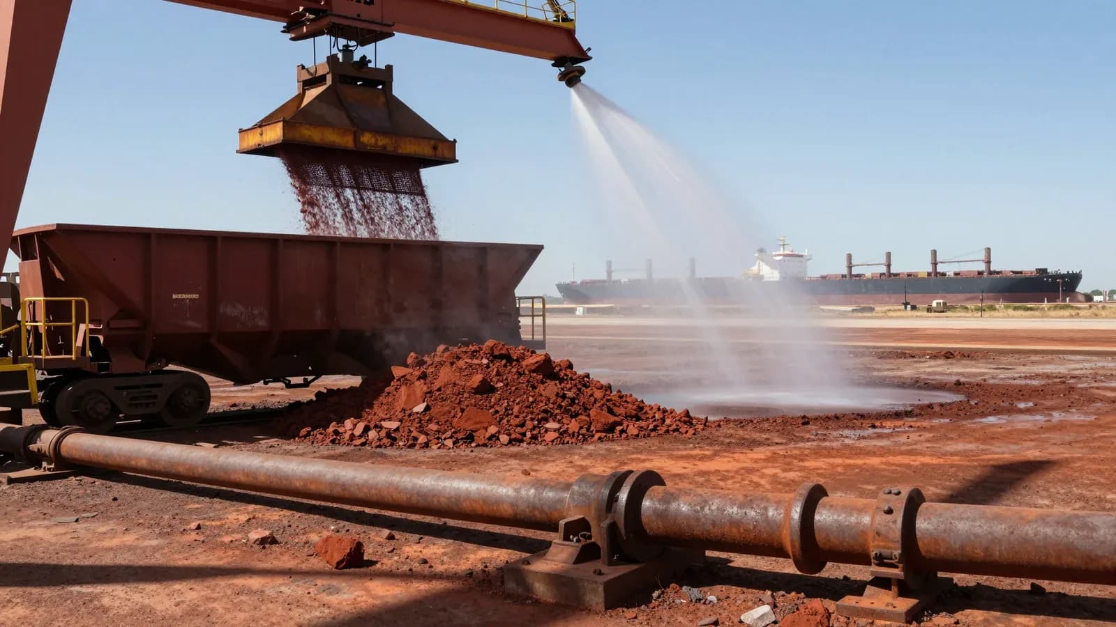 Vista de un puerto industrial con maquinaria pesada descargando material rojo mientras se pulveriza agua para controlar el polvo. Un barco portacontenedores está anclado en el fond