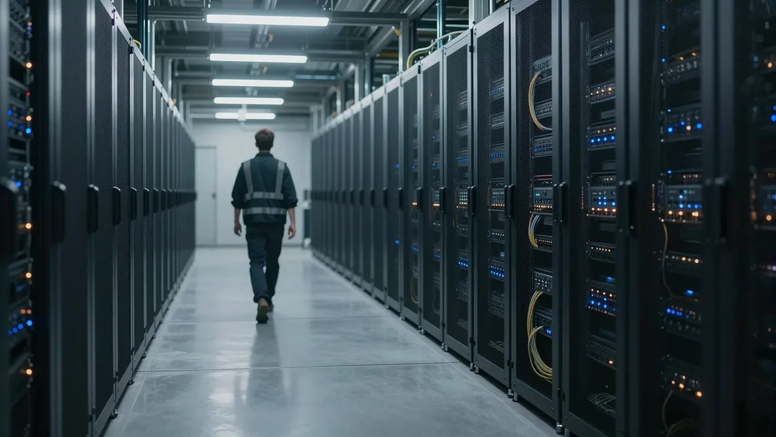 Un técnico camina entre filas de servidores en un centro de datos, representando la infraestructura de la inteligencia artificial.