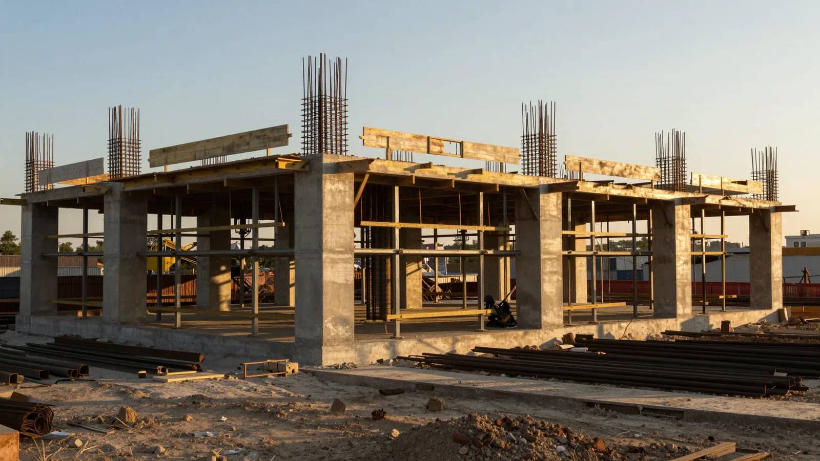 Estructura de hormigón armado en construcción con vigas y columnas expuestas.