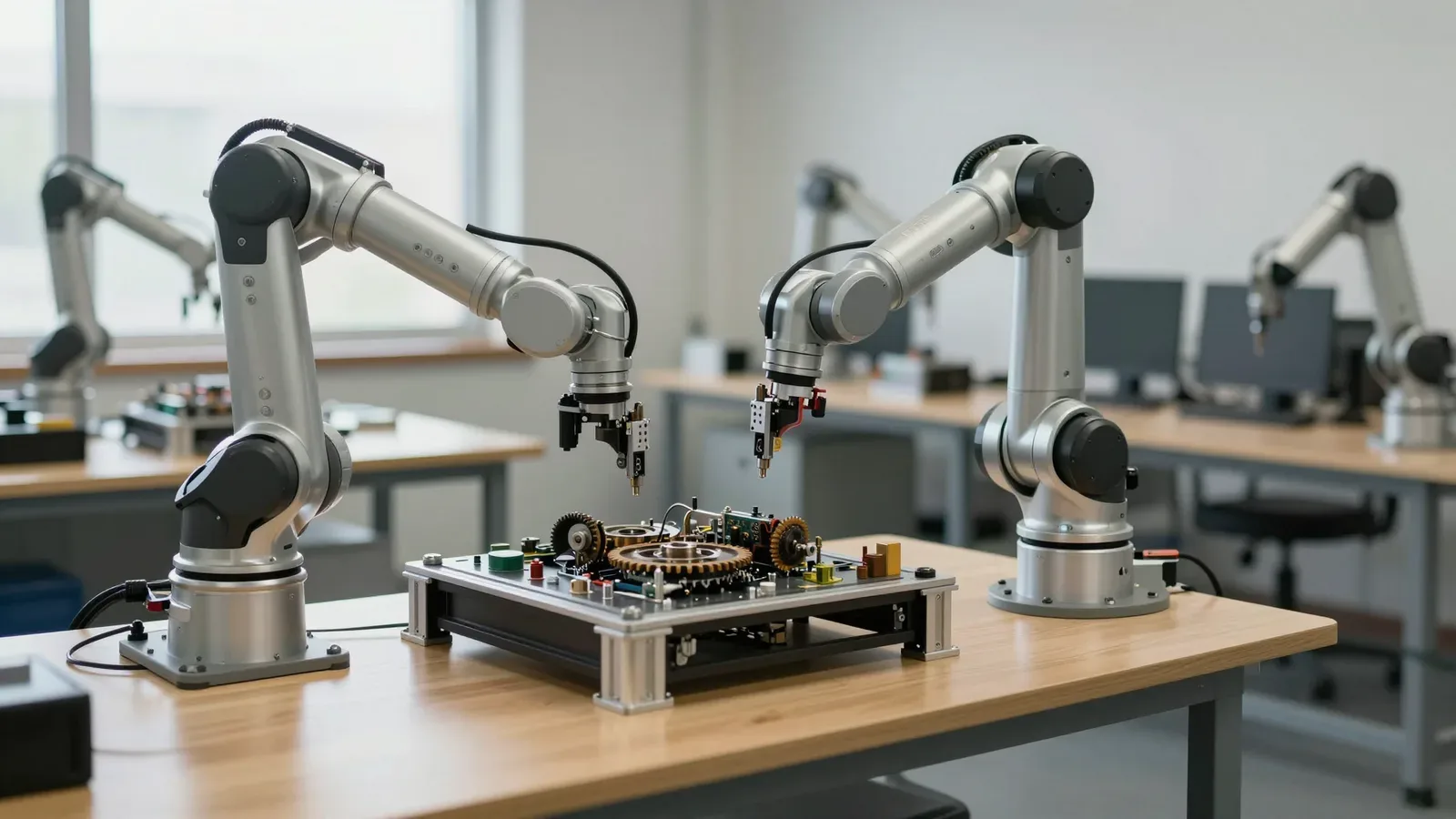 Brazos robóticos plateados manipulando un circuito integrado en una mesa de laboratorio