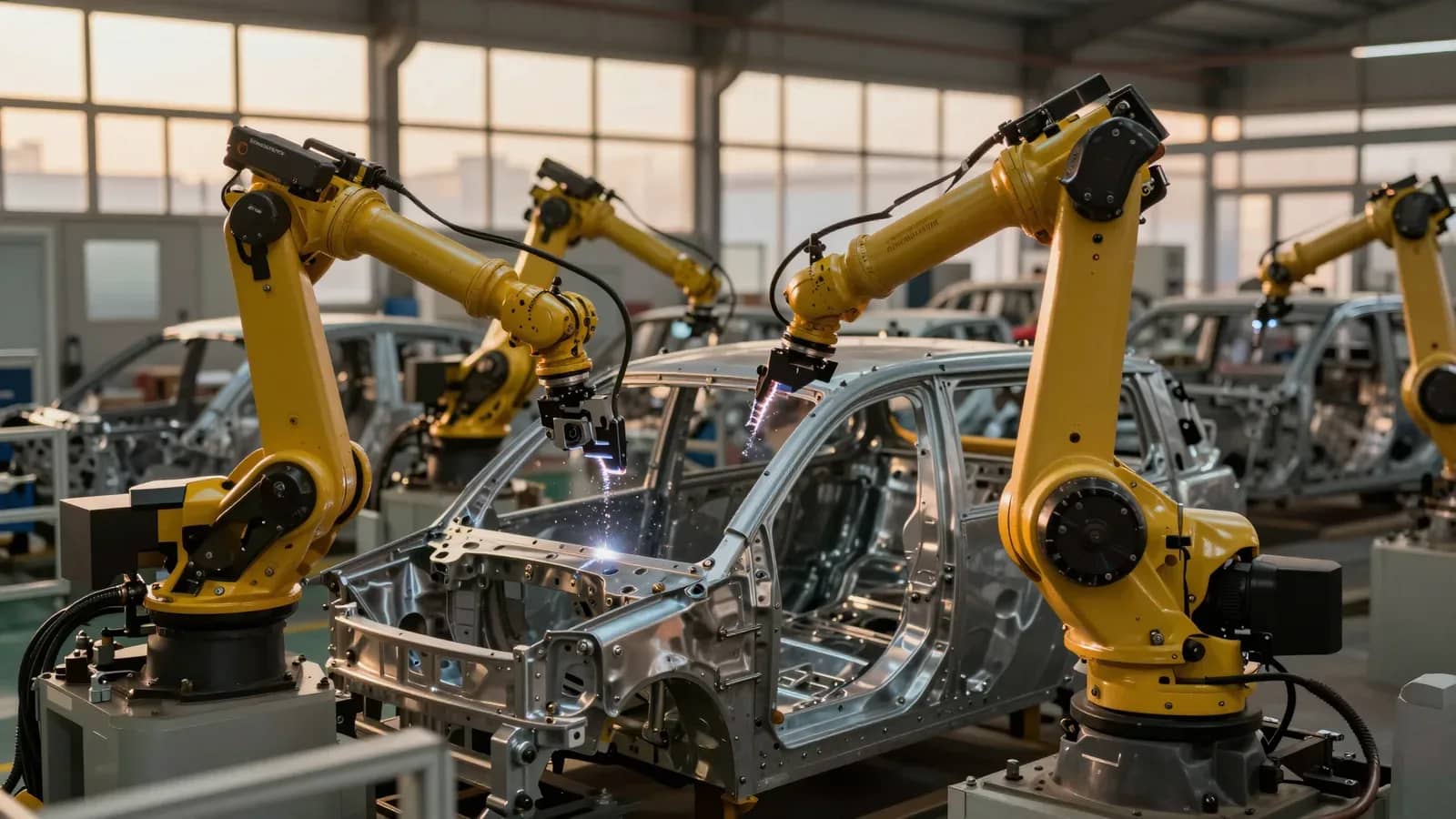 Brazos robóticos amarillos realizando soldadura de precisión en la carrocería de un automóvil en una planta de fabricación moderna