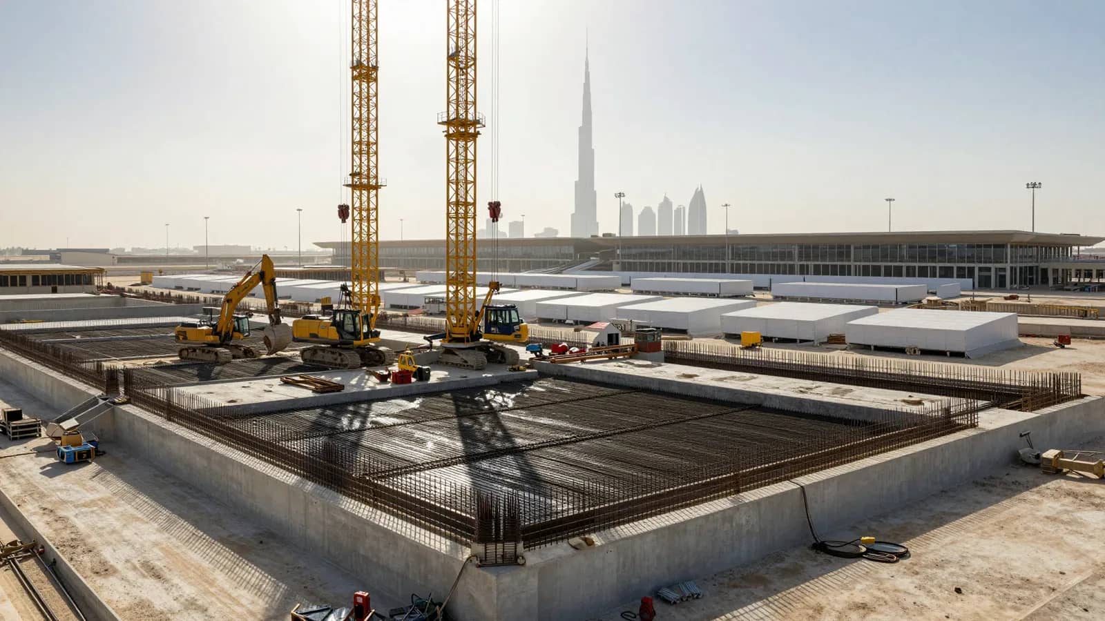 Vista aérea de una obra en construcción con grúas y excavadoras, mostrando la base de hormigón armado para un gran proyecto. Al fondo se distingue el perfil urbano de Dubai.