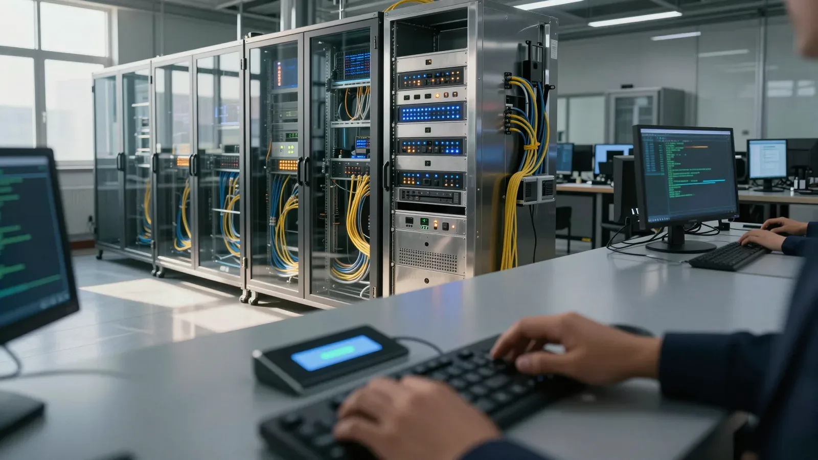 Centro de datos con racks de servidores y cables de red amarillos en gabinetes de vidrio, vista de laboratorio de tecnología con monitores de computadora mostrando código verde en