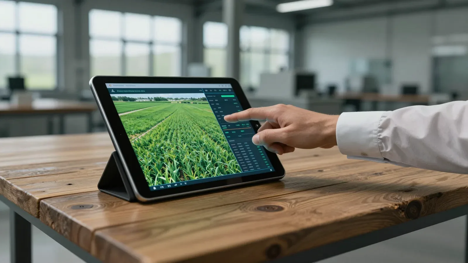 Mano interactuando con una tableta que muestra datos de agricultura de precisión en un entorno moderno.