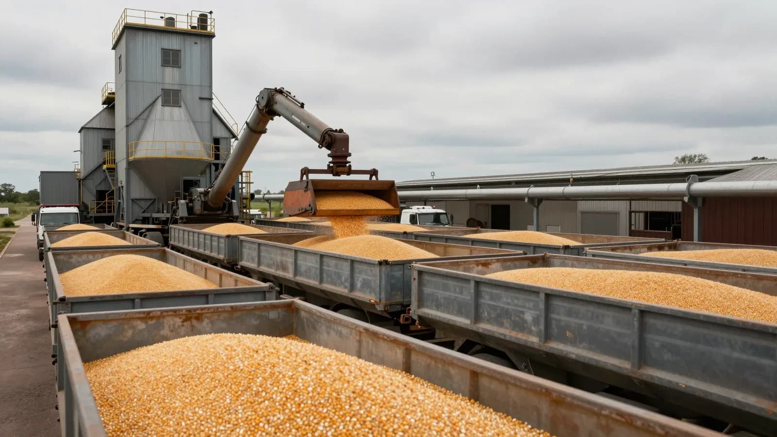 Cargamento de maíz en camiones con grúa industrial bajo cielo nublado
