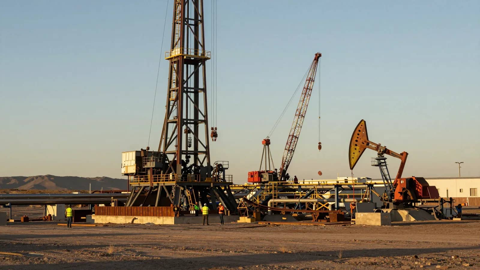 Instalaciones de perforación y bombeo de petróleo en Vaca Muerta, representando la inversión y el desarrollo de nuevos pozos.