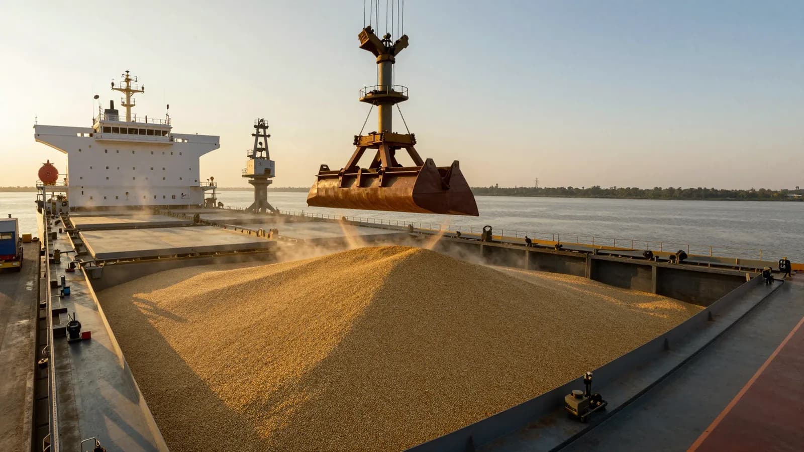 Buque de carga con grano siendo descargado en un puerto fluvial al atardecer.