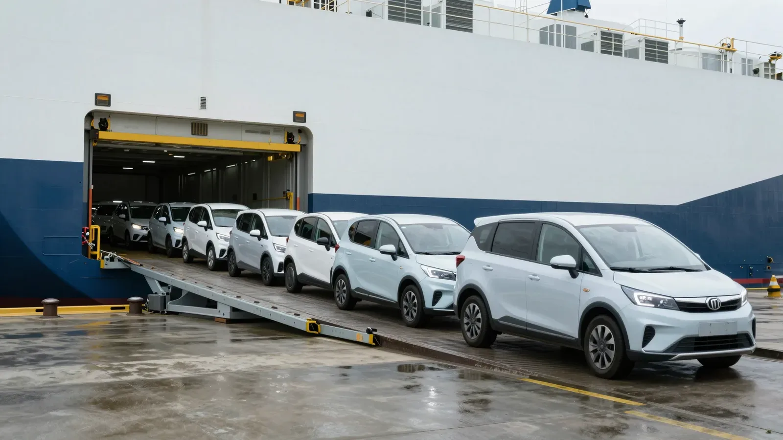 Vehículos blancos son cargados en la rampa de un buque portaautomóviles en un puerto.