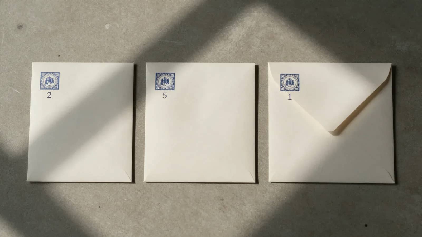 Tres sobres blancos numerados con sellos oficiales sobre una superficie gris con sombras de luz natural