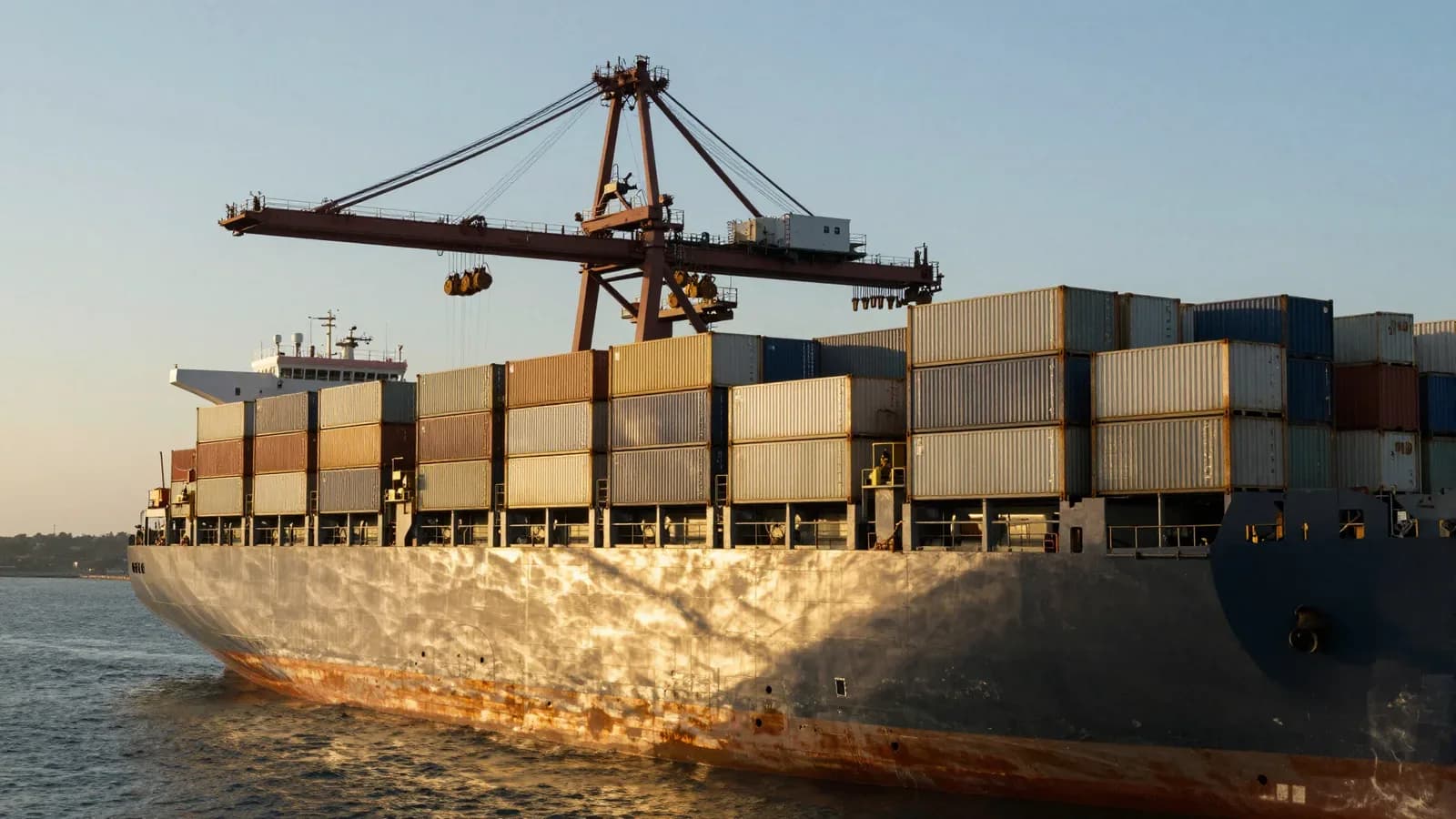 Buque portacontenedores en puerto con grúa durante la hora dorada