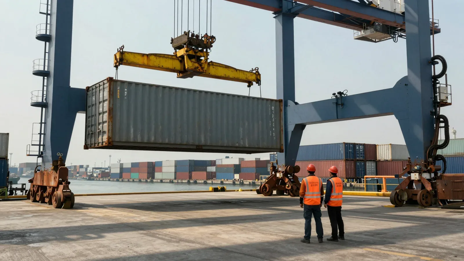 Trabajadores observan una grúa portuaria moviendo un contenedor en el muelle.