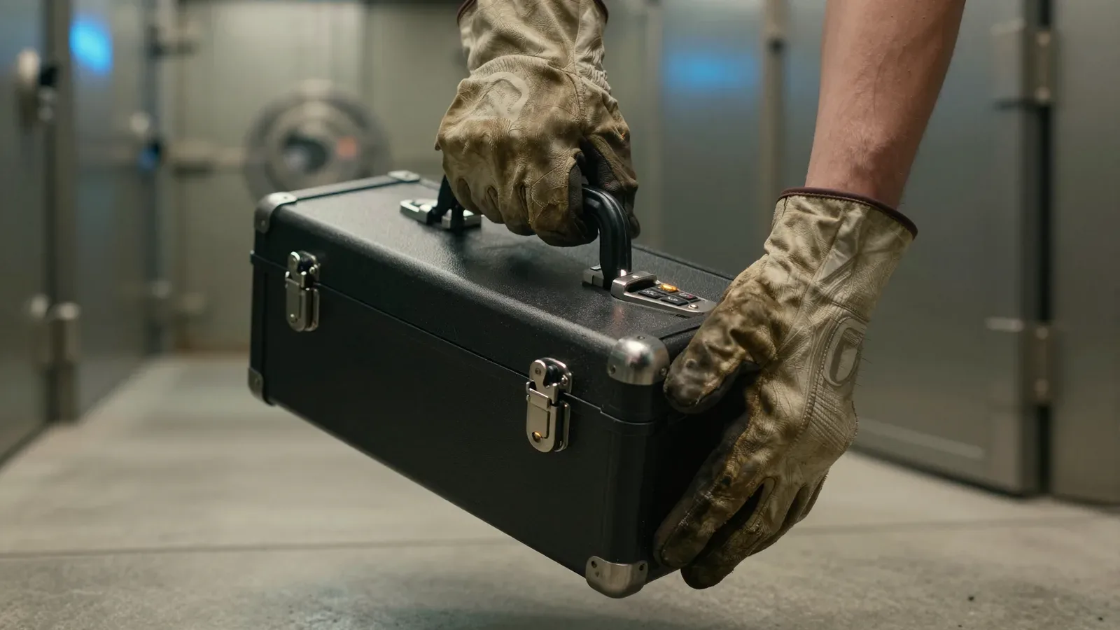 Manos con guantes de trabajo sostienen un maletín negro frente a una caja fuerte metálica.