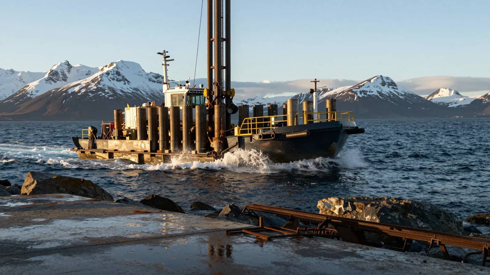 Embarcación de perforación trabajando en aguas costeras con montañas nevadas al fondo