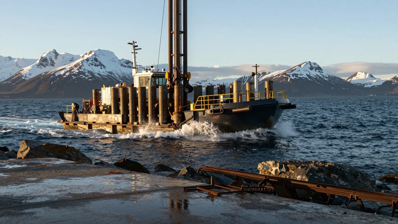 Embarcación de perforación trabajando en aguas costeras con montañas nevadas al fondo
