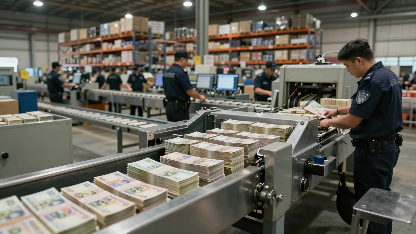 Varias pilas de billetes se procesan en una cinta transportadora industrial dentro de un almacén, mientras trabajadores uniformados supervisan el flujo monetario.