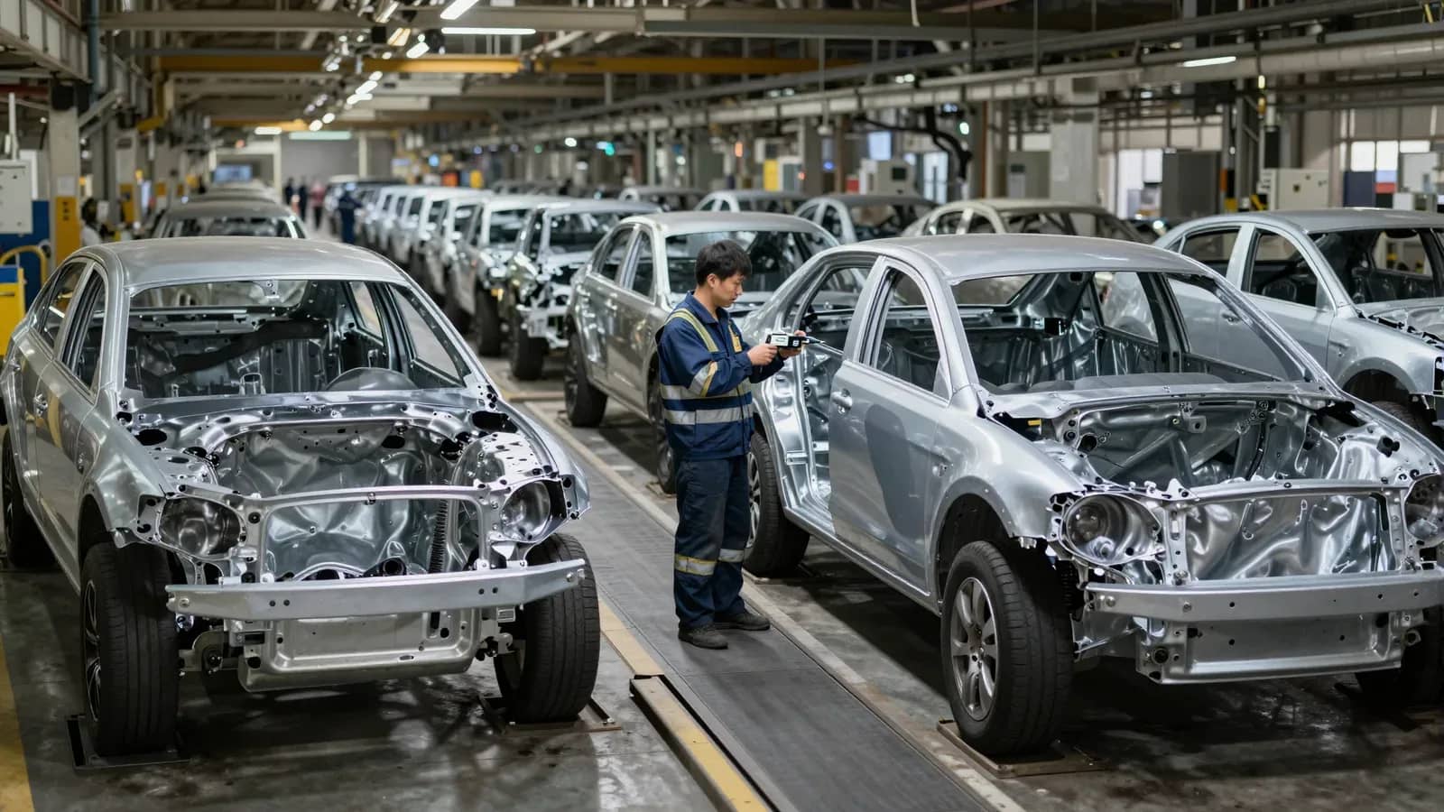 Trabajador inspecciona carrocerías de autos en una línea de ensamblaje industrial