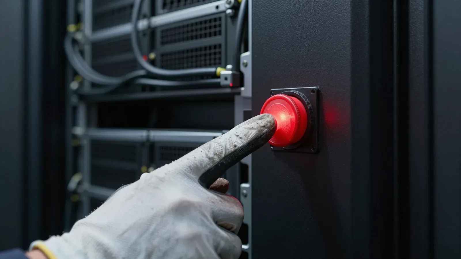 Mano con guante técnico presionando un botón rojo de emergencia en un rack de servidor.