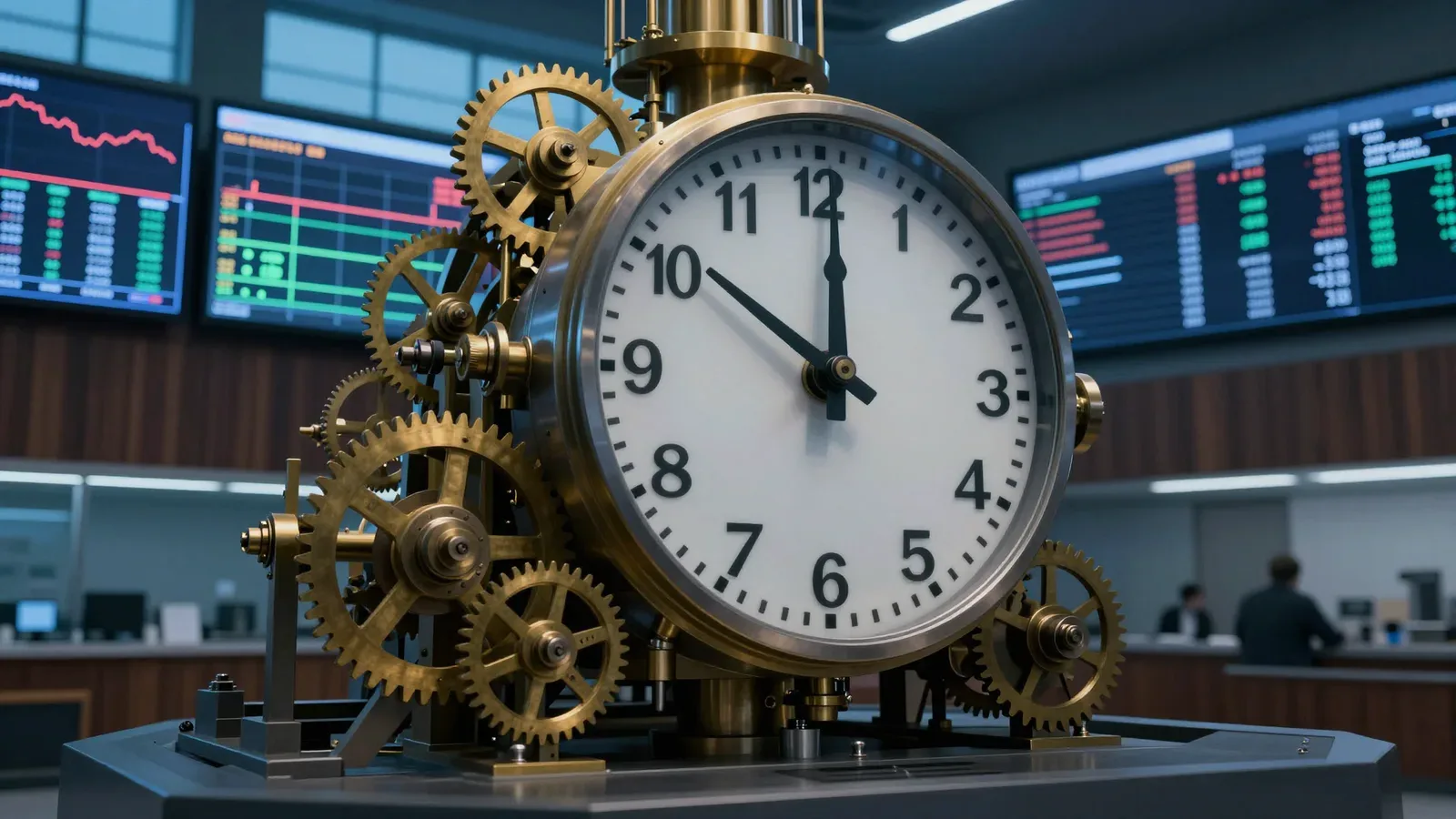 Reloj analógico con engranajes en un entorno financiero