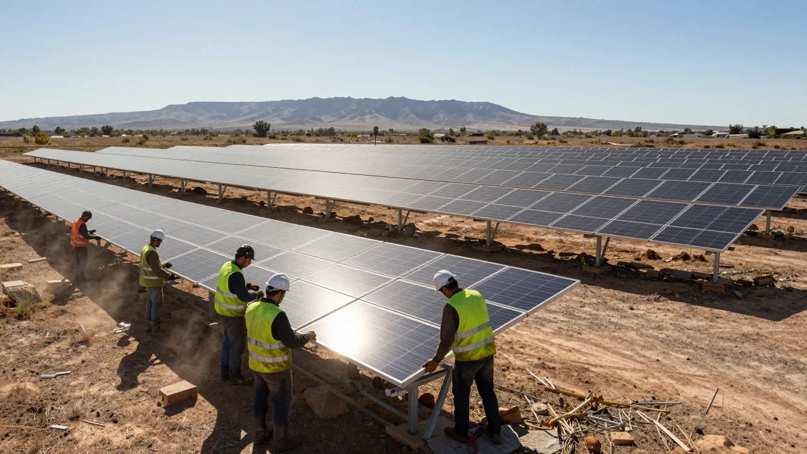 Trabajadores instalan paneles solares en un parque fotovoltaico a gran escala con montañas de fondo.