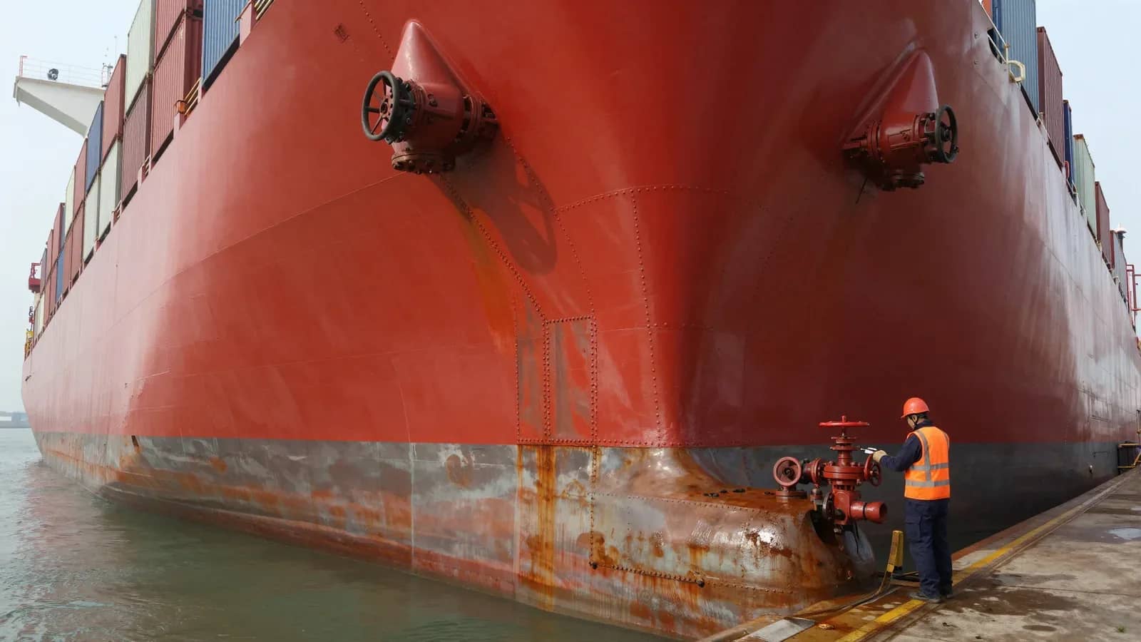 Vista de proa de un gran buque portacontenedores rojo atracado en un muelle con un trabajador portuario cerca de los cabrestantes.