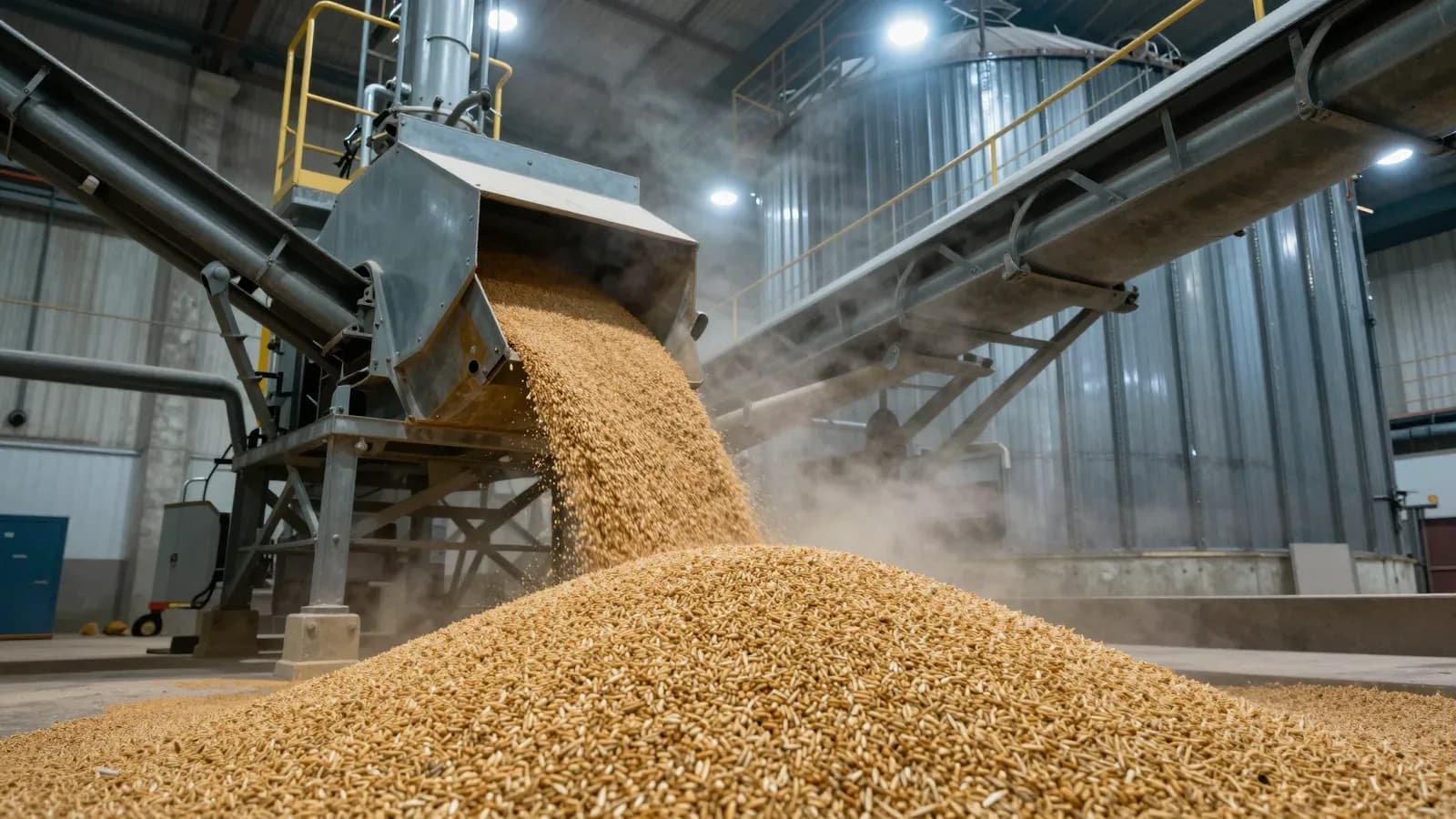 Vista de un silo industrial donde el grano es descargado por una cinta transportadora, formando una gran pila.