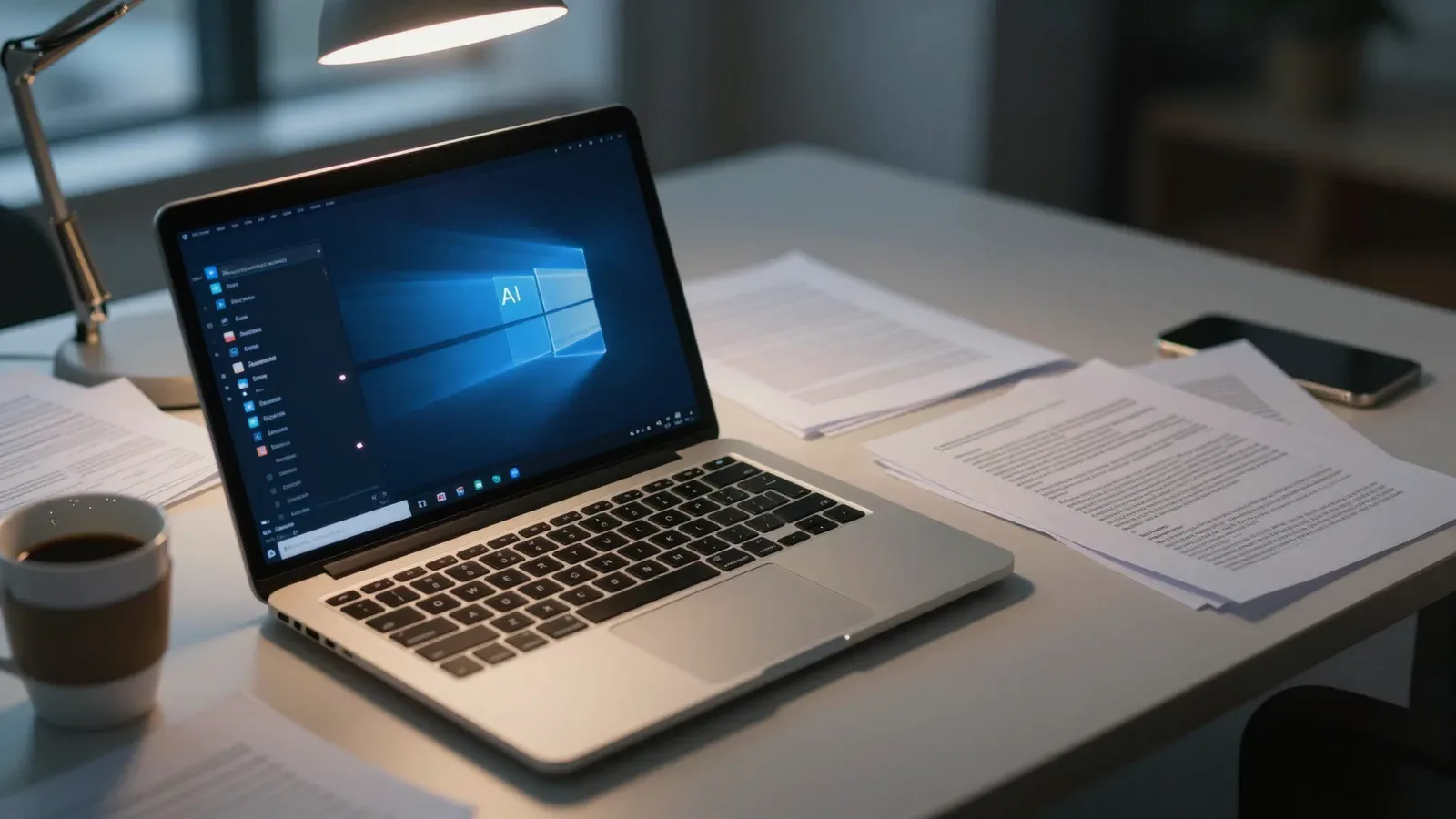 Portátil con pantalla que muestra el logo de IA y la interfaz de Windows 11 en un escritorio de oficina profesional con lámpara, café y documentos