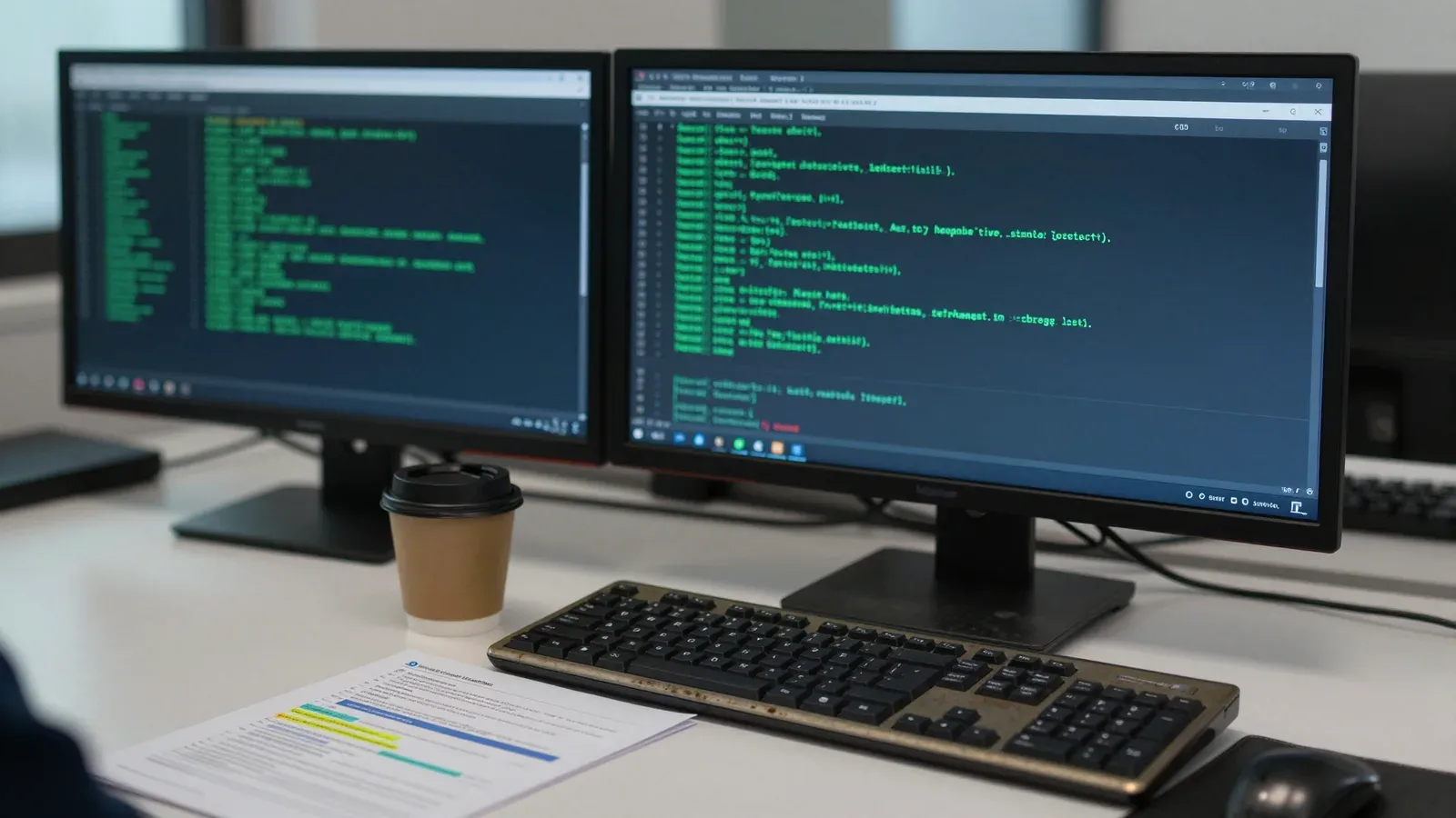 Estación de trabajo con dos monitores mostrando código en pantalla verde, teclado, documentos y taza de café sobre escritorio blanco