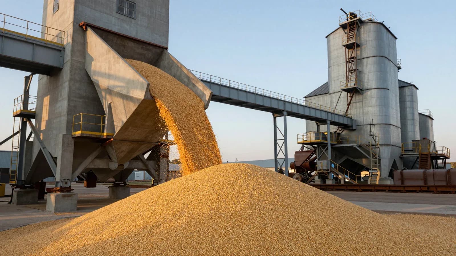 Gran volumen de granos cayendo desde una tolva industrial hacia un montículo, con silos metálicos al fondo bajo luz cálida.