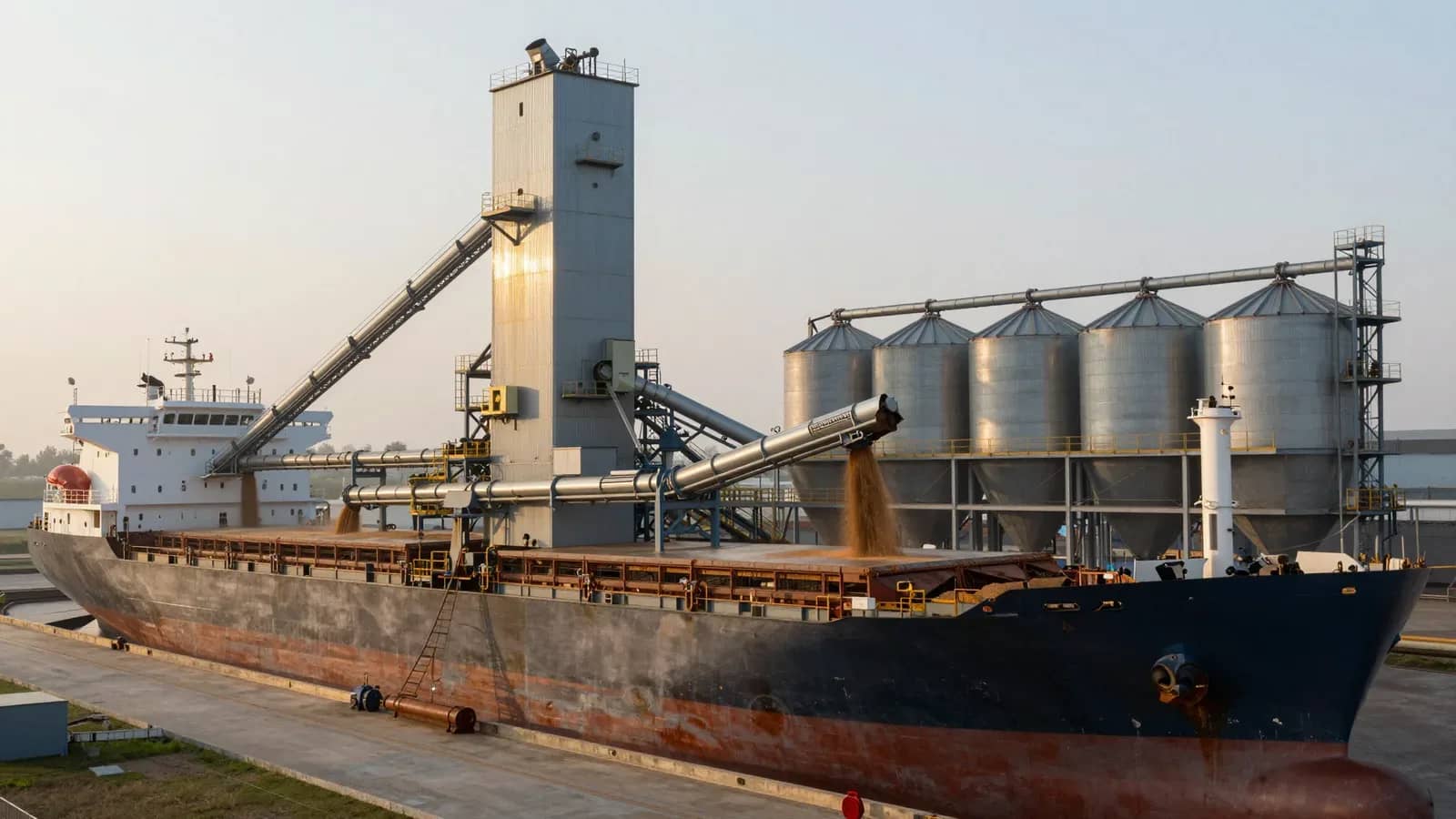 Un barco de carga es abastecido con granos desde un silo industrial, ilustrando el comercio agrícola.