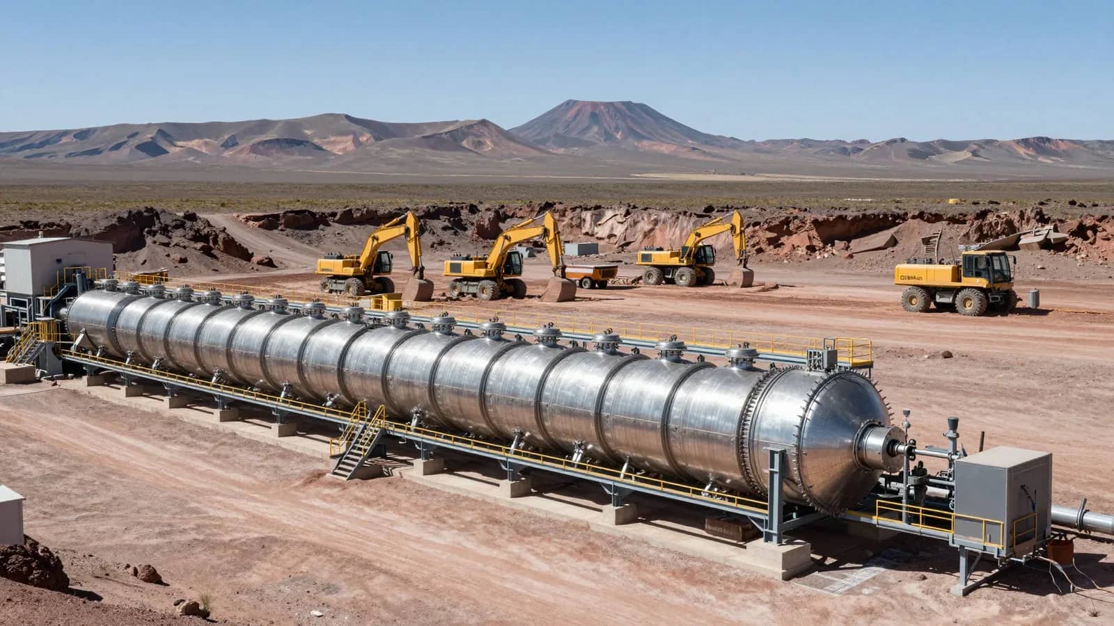 Una gran instalación industrial cilíndrica de acero se encuentra en un paisaje árido con montañas y maquinaria amarilla al fondo.