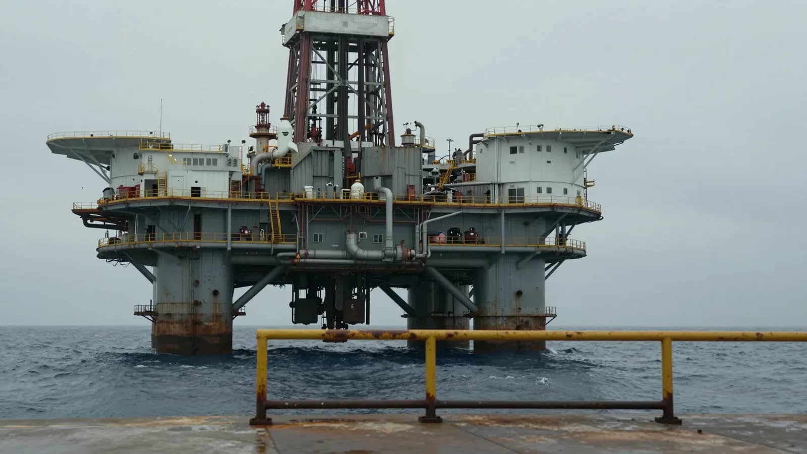 Plataforma marífera de extracción de petróleo en aguas abiertas bajo un cielo nublado, con una barandilla de seguridad amarilla en primer plano.