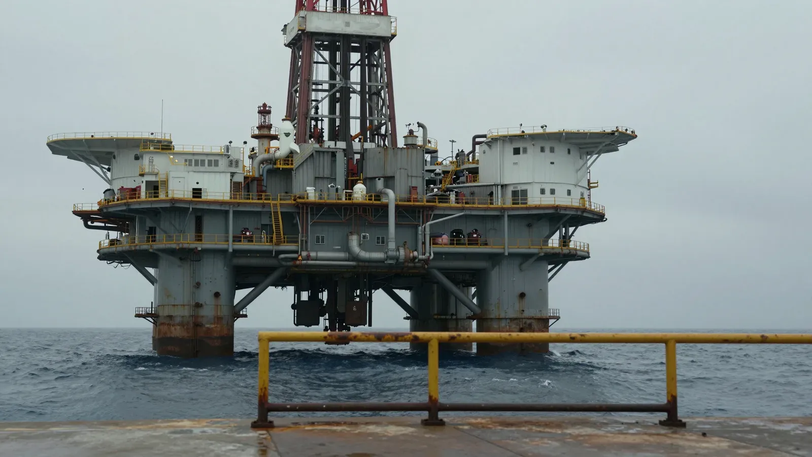 Plataforma marífera de extracción de petróleo en aguas abiertas bajo un cielo nublado, con una barandilla de seguridad amarilla en primer plano.
