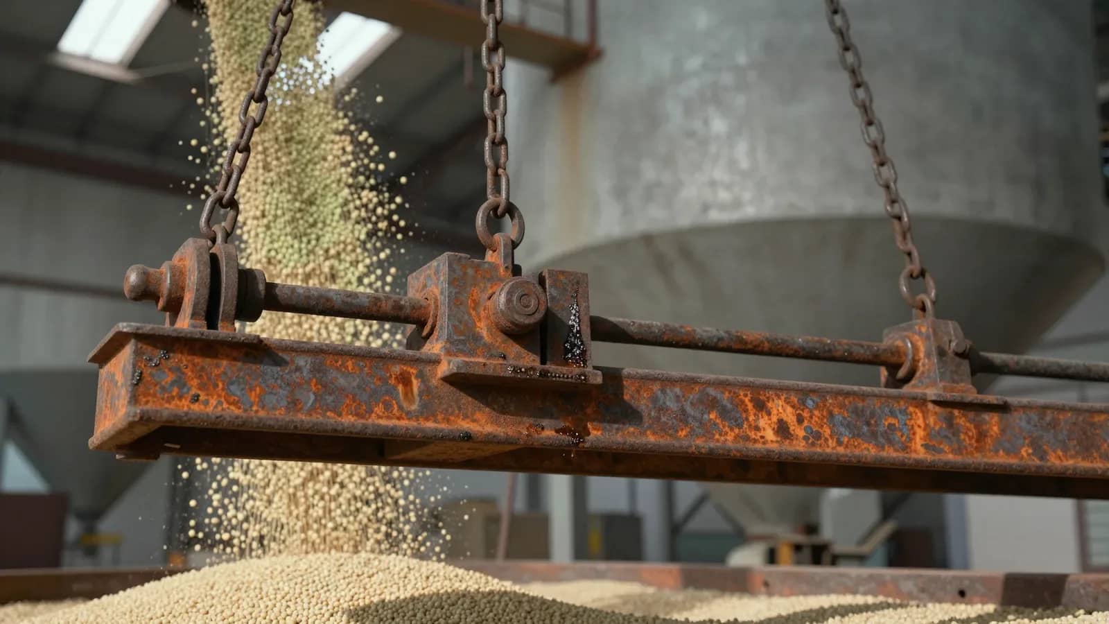 Soja cayendo sobre un mecanismo de pesaje industrial oxidado en una planta procesadora.