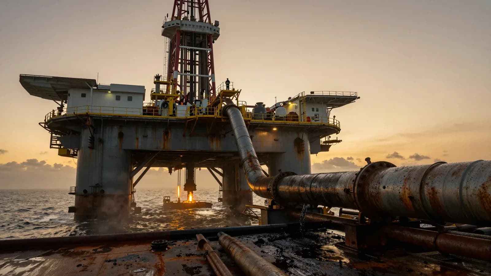 Plataforma petrolera en el mar al atardecer con tuberías de transporte de crudo y una antorcha encendida.