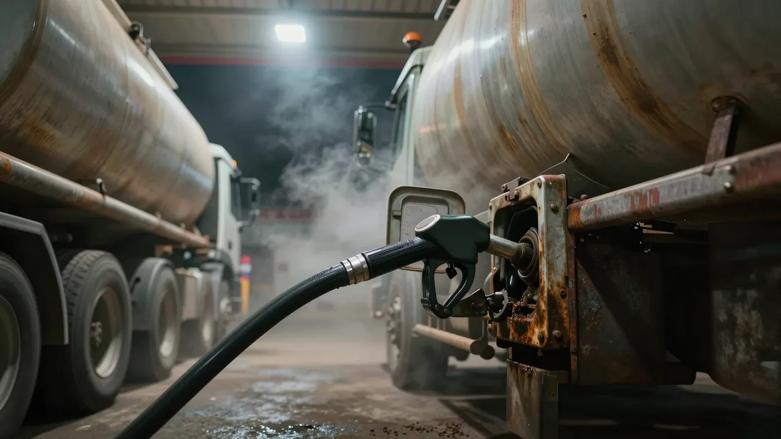 Dos camiones cisterna en un entorno industrial con vapor y una manguera de combustible en primer plano.