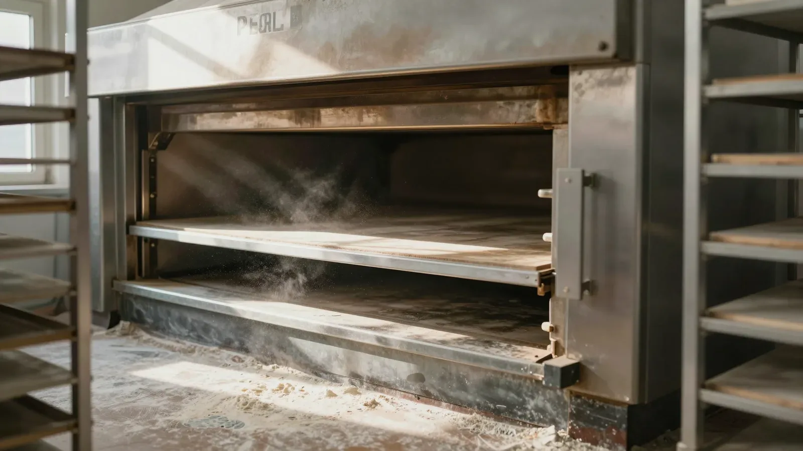 Horno de panadería vacío y cubierto de polvo de harina, con puertas abiertas y estantes internos visibles