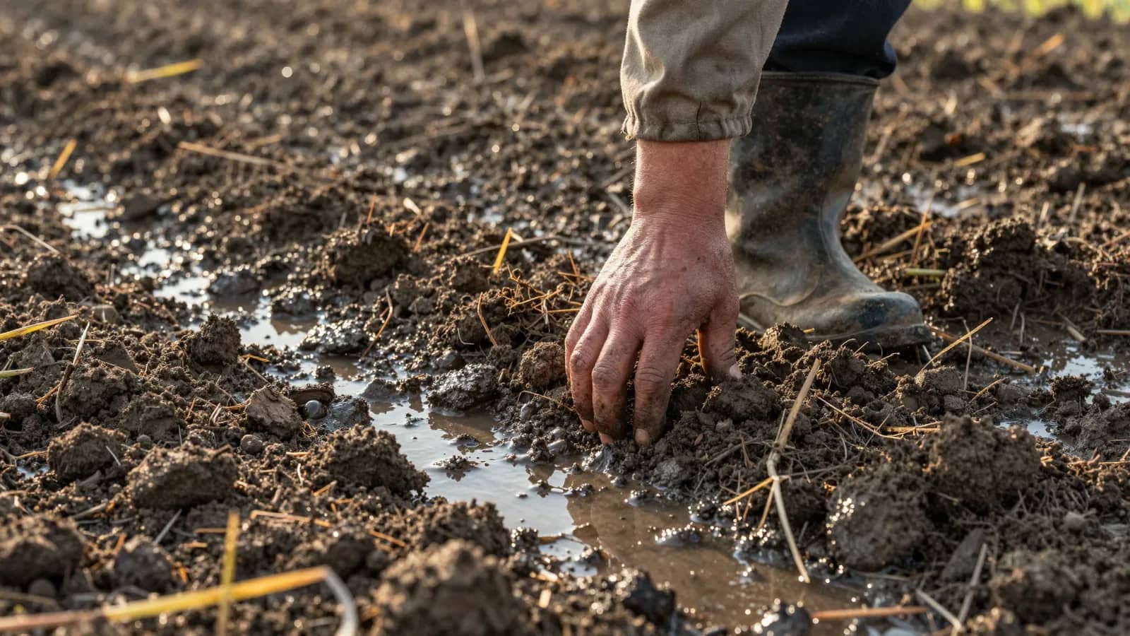 Mano de agricultor tocando tierra mojada en campo anegado con residuos de cultivo anterior