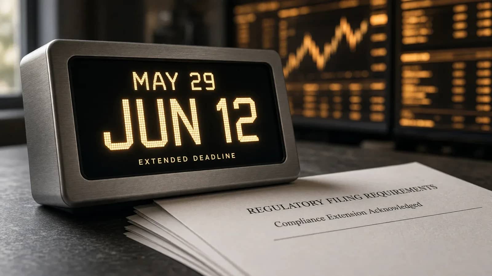Dispositivo electrónico con pantalla que muestra fechas de plazo extendido junto a documentos de requisitos regulatorios, con gráficos de mercado borrosos al fondo
