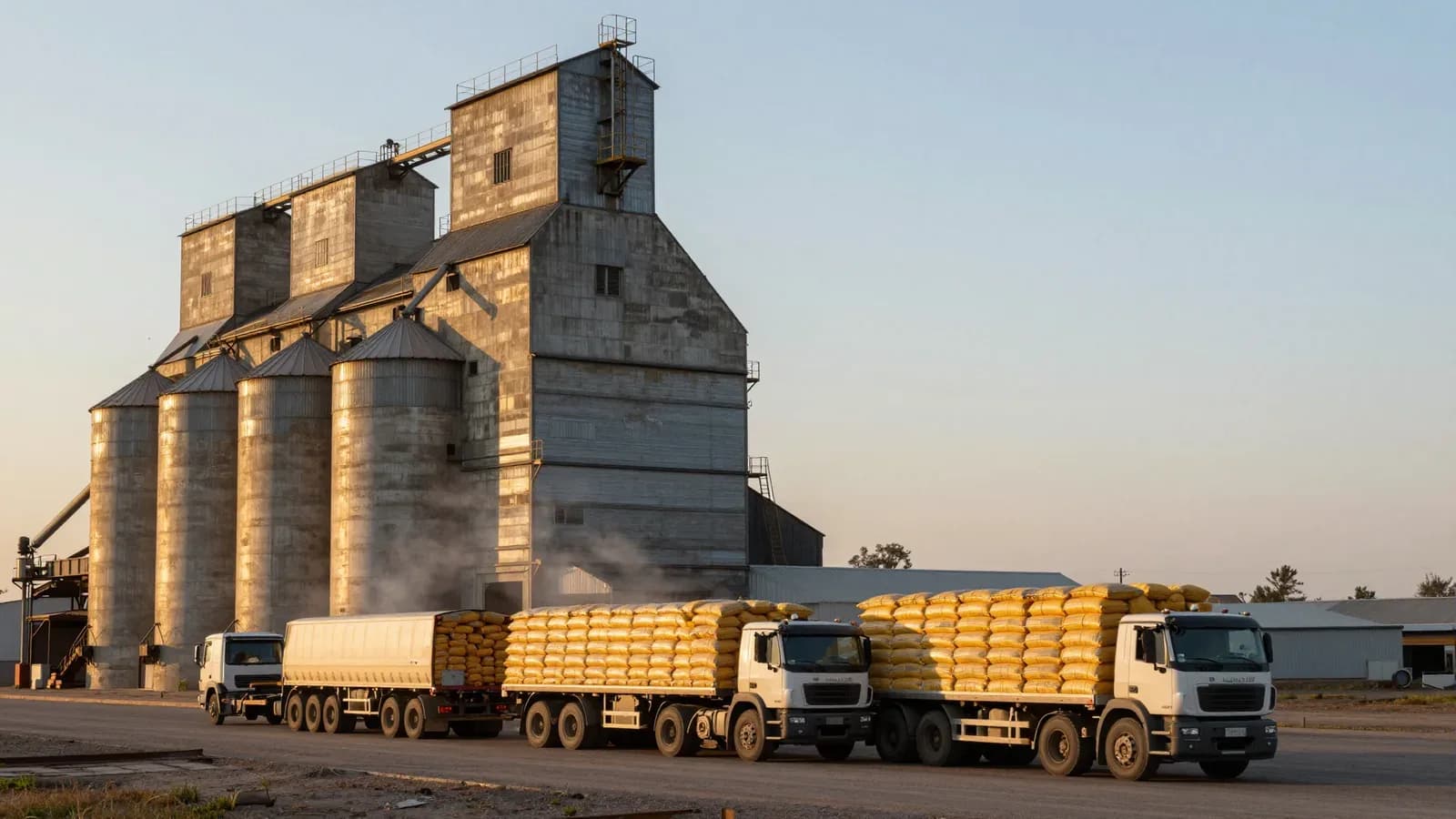 Camiones cargados con sacos de grano frente a silos industriales al atardecer.