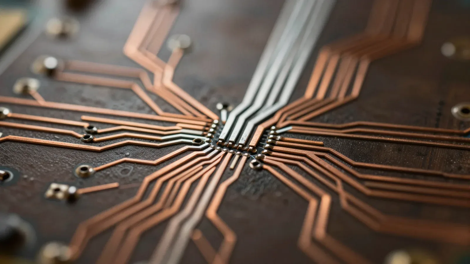 Circuito electrónico con líneas de cobre y conexiones que convergen en un punto central, representando la integración tecnológica de redes blockchain