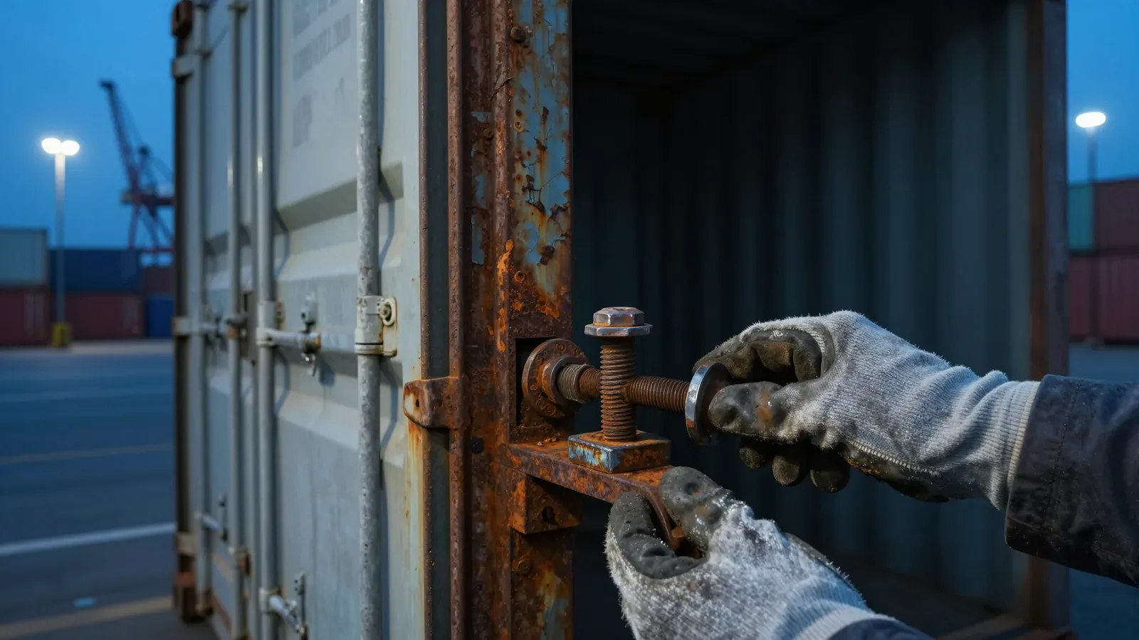 Manos con guantes manipulando el cierre oxidado de una puerta de contenedor en un puerto.
