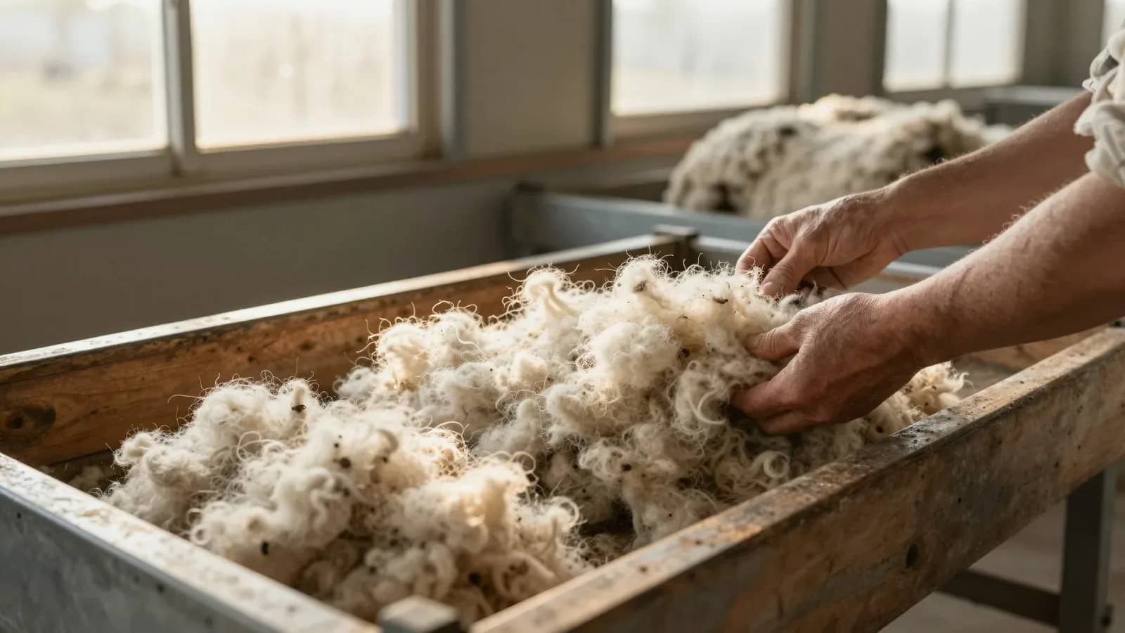 Manos de trabajador manipulando lana cruda en recipiente de madera durante proceso de clasificación y procesamiento en instalación industrial