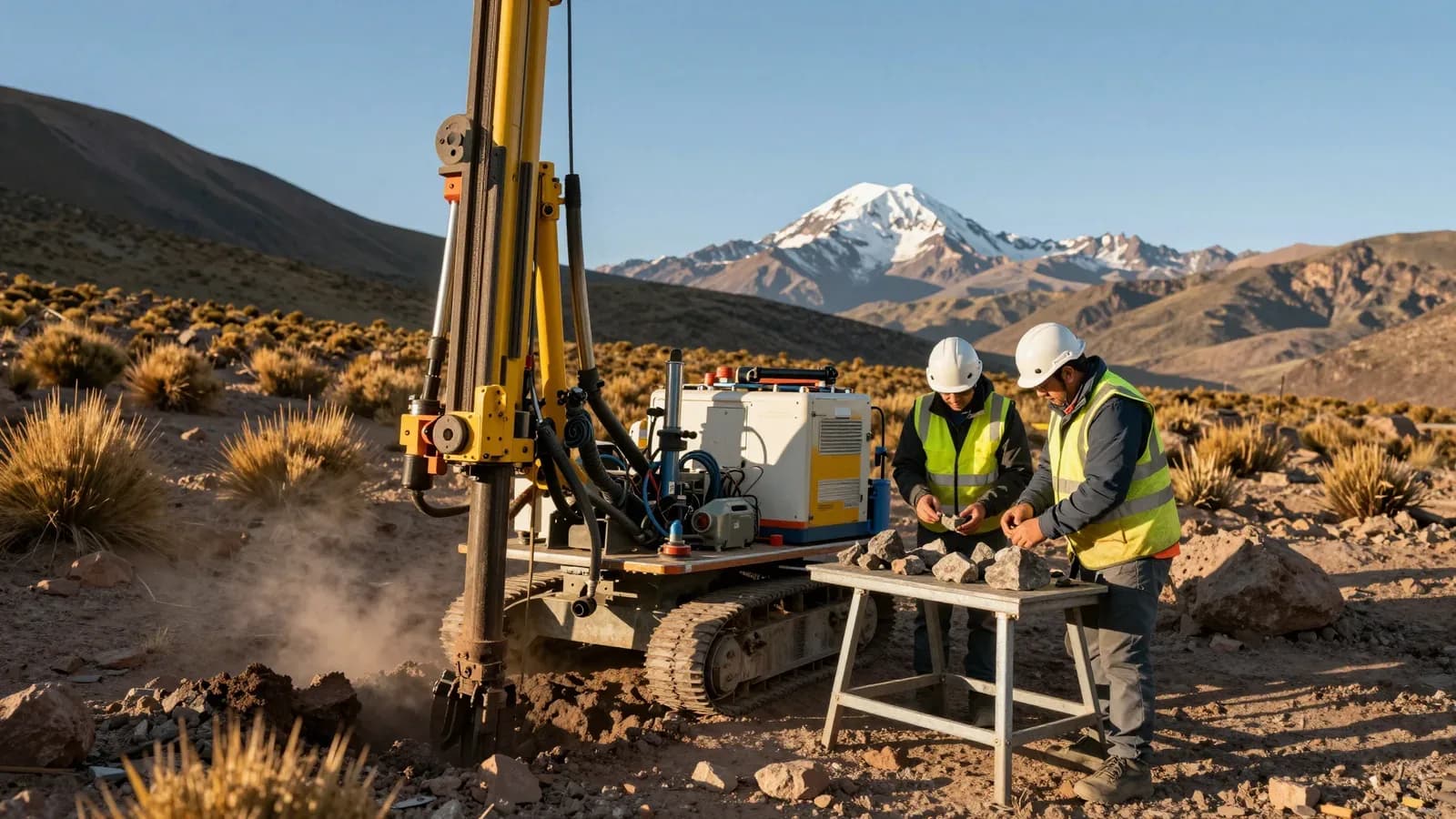 Dos geólogos examinan muestras de roca junto a un equipo de perforación en un paisaje andino con nevados al fondo.
