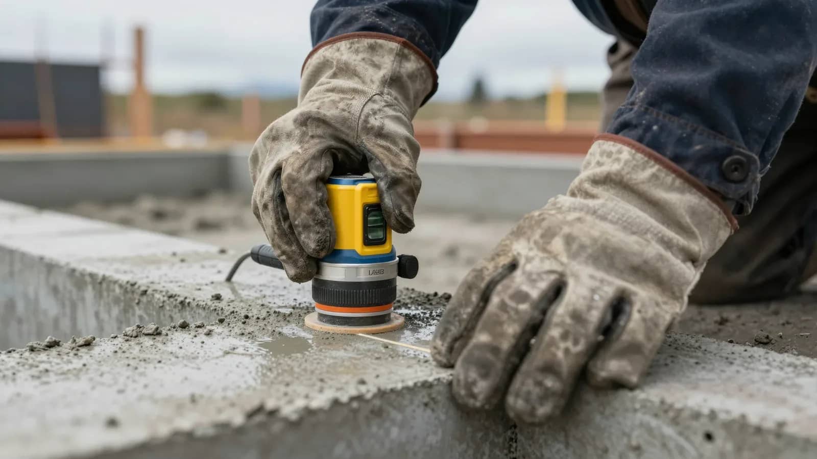 Manos de un obrero con guantes de trabajo utilizando un láser de nivelación sobre una estructura de hormigón.
