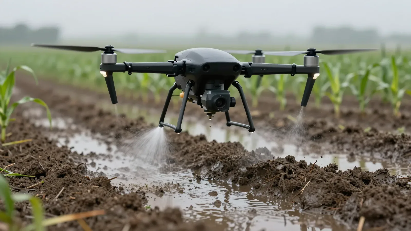 Drone agrícola negro volando bajo y pulverizando sobre un campo de cultivo inundado y barroso.
