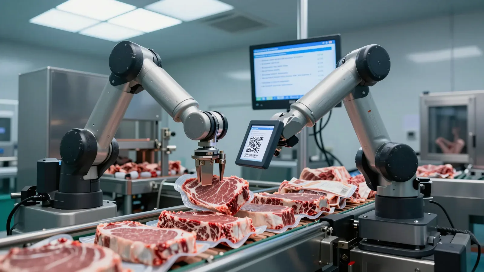 Brazos robóticos procesando cortes de carne envasada en una línea de producción automatizada.