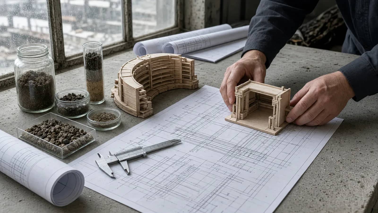 Manos de profesional examinando maqueta de estructura de túnel sobre planos técnicos con muestras de materiales.