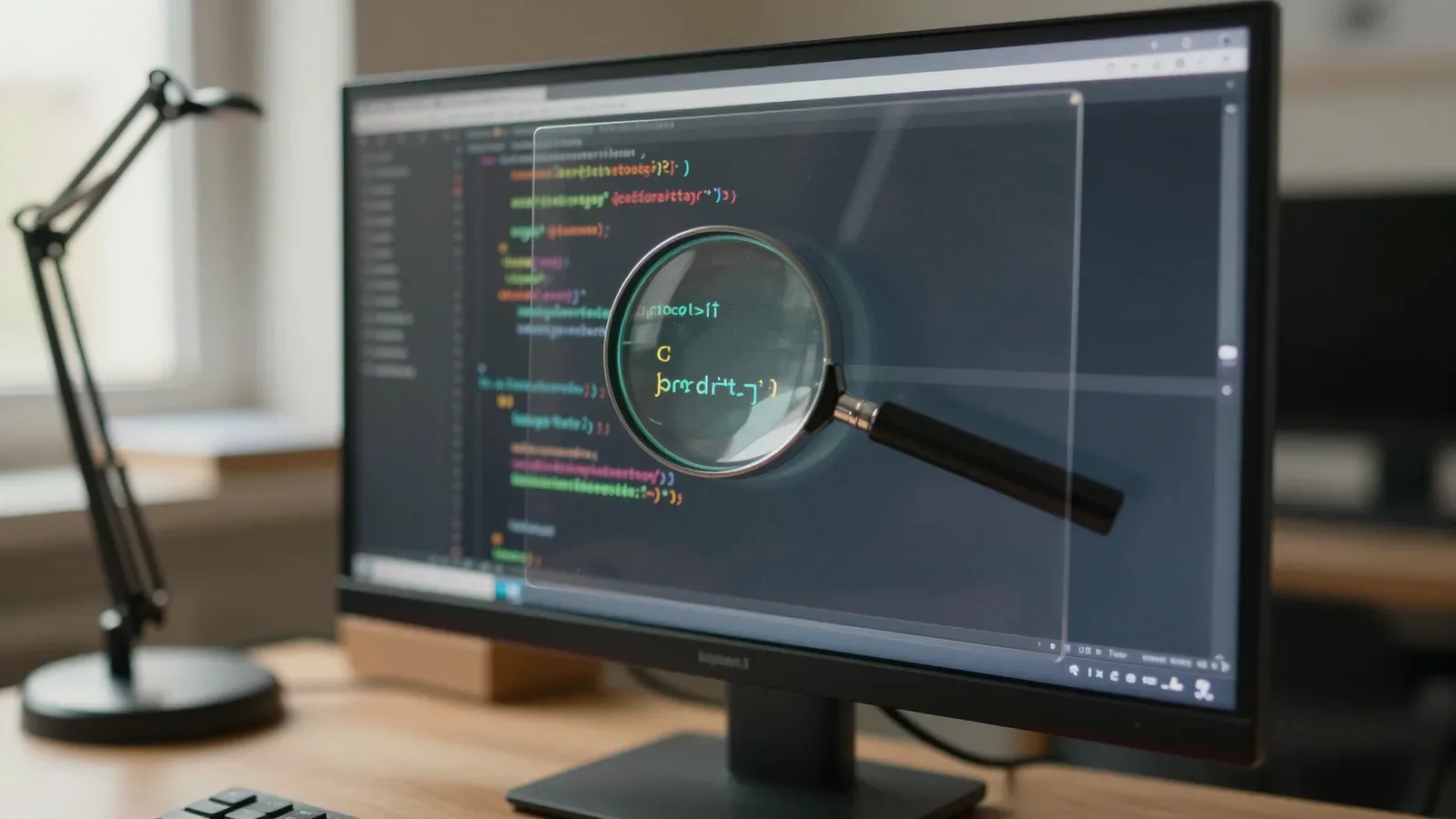 Pantalla de monitor mostrando código de programación con lupa superpuesta sobre líneas de código coloreado